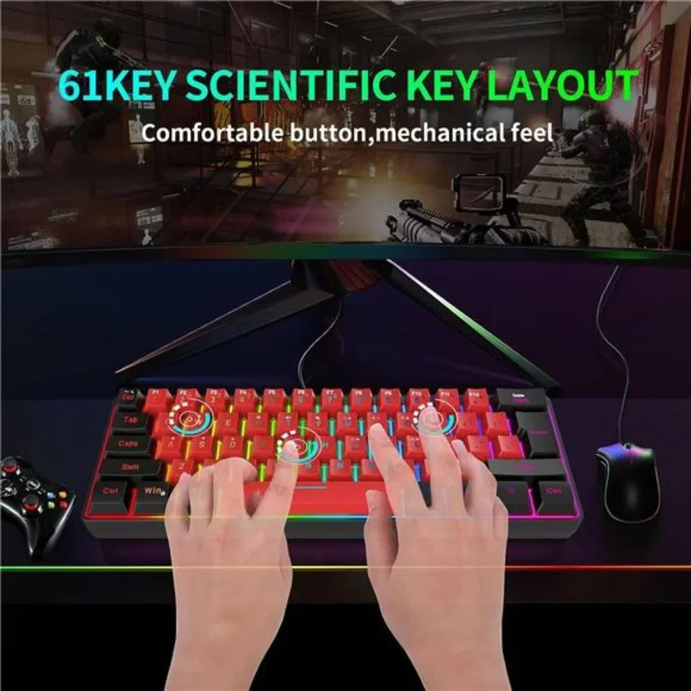 60%Wired Gaming Keyboard,True RGB Mini Keyboard,Waterproof Small Compact 61 Keys